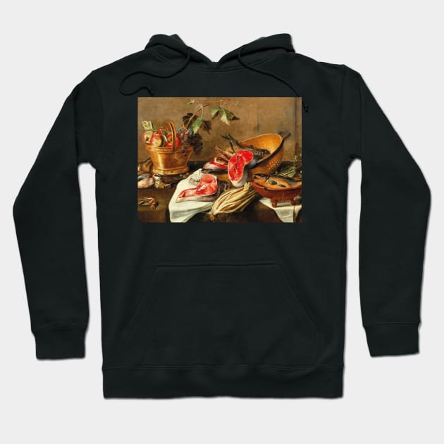 Still Life with Fruit in a Copper Vessel, Fish and Game by Circle of Frans Ykens Hoodie by Classic Art Stall